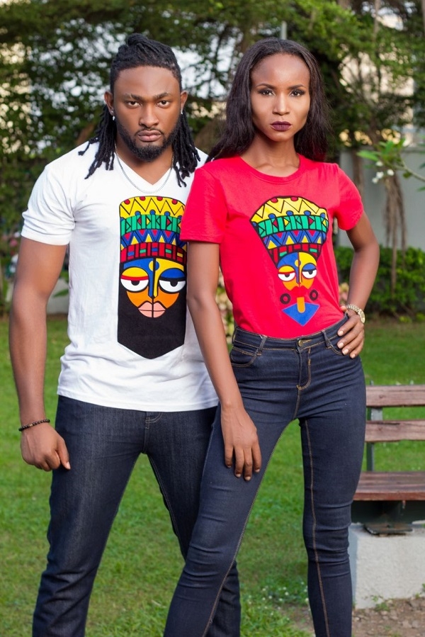 Uti Nwachukwu and Thelma Opara in James Johnson Clothing T-Shirt Collection ‘Naija Ethics’