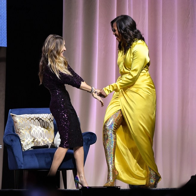 Balenciaga Mama! Michelle Obama Slays Thigh-High Glitter Boots On Book Tour