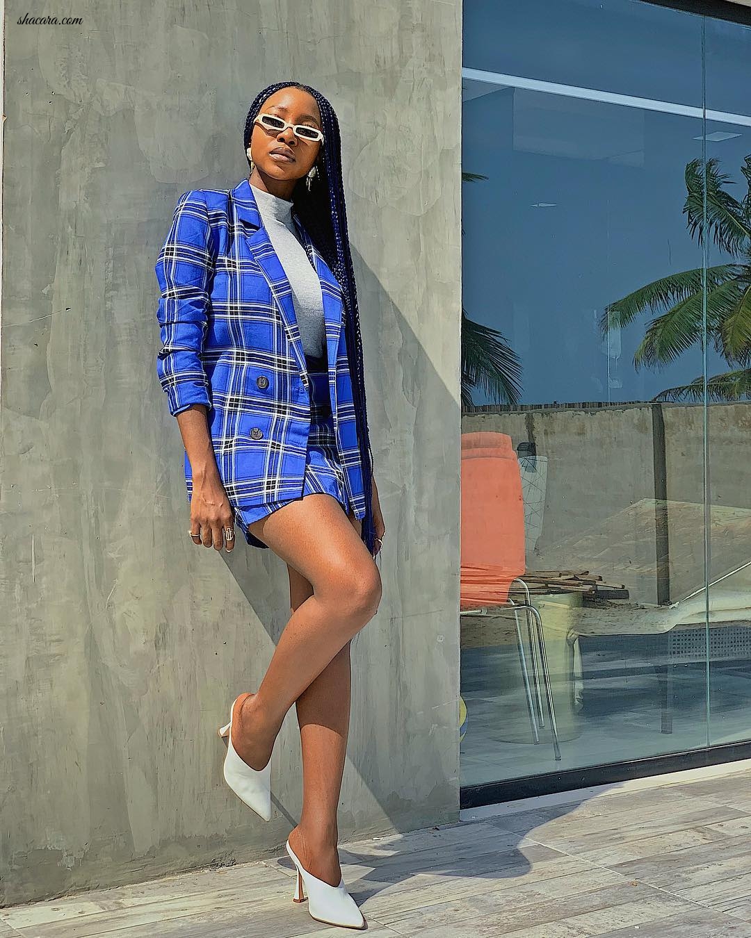 Ini Dima-Okojie Is A Sight For Sore Eyes In This Electric Blue Plaid Look