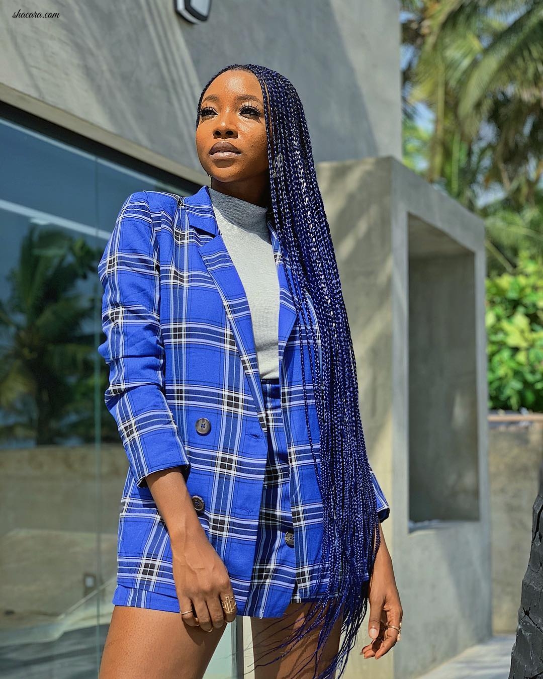Ini Dima-Okojie Is A Sight For Sore Eyes In This Electric Blue Plaid Look